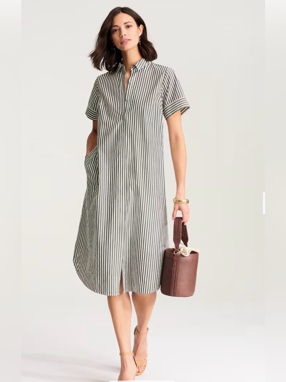 J. Jill Gray & White Striped Short-Sleeve Midi Shirtdress - Size S